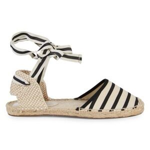 Soludos Black and Cream Striped Espadrille Ankle Tie Flats